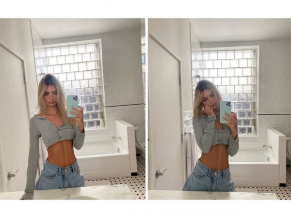 Emily Ratajkowski flaunts the press in an asymmetrical top